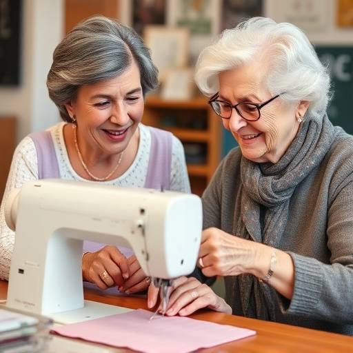 ベテラン女性裁縫講師、笑顔で生徒にアドバイスをしている