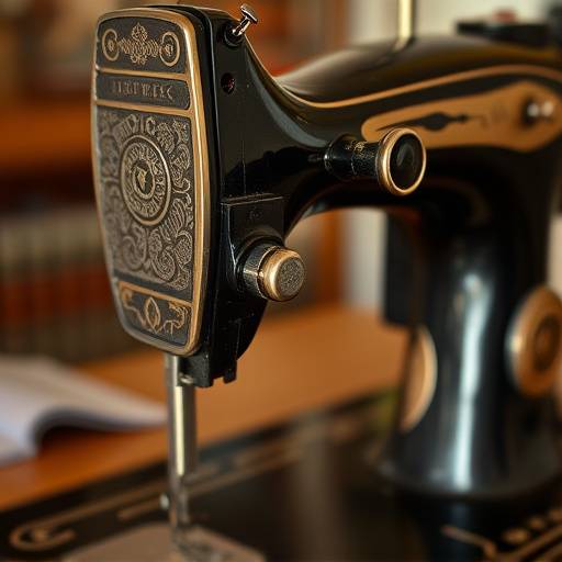 ヴィンテージ裁縫ミシンのクローズアップ。レトロなデザインが特徴的です。