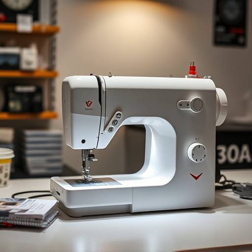 最新の裁縫ミシンが作業台に設置されています。明るい照明が当たり、細部まで鮮明に見えます。