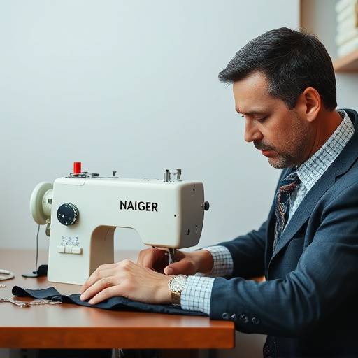 男性裁縫講師、ミシンを使って作品を制作中