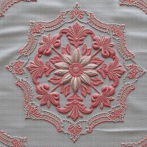 複雑な模様の刺繍デザインが施された生地。芸術的な作品です。