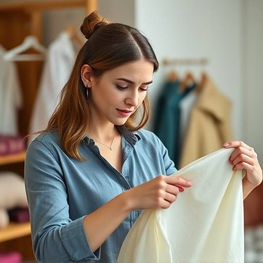 講師：佐藤優子のポートレート。穏やかな笑顔で生地を見ている。