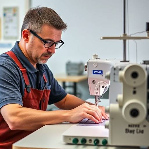 講師：山田健太のポートレート。真剣な表情でミシンを操作している。