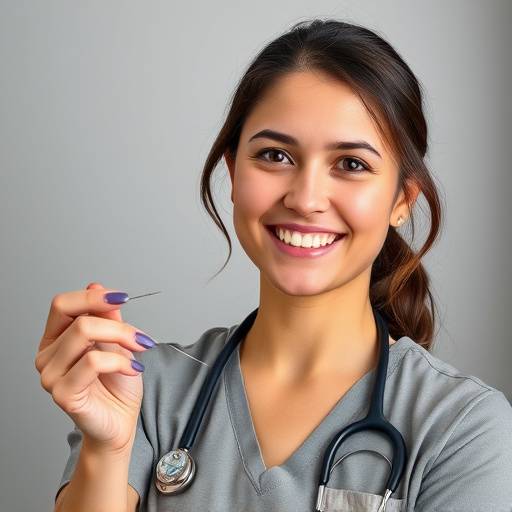 講師：田中美咲のポートレート。笑顔で針を持っている。