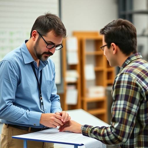 講師：高橋一郎のポートレート。優しい笑顔で生徒の作品を見ている。